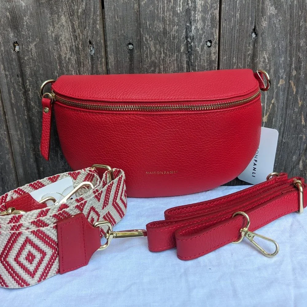 Italian Leather Fanny Pack with 2 Straps | Red Crossbody Waist Bag Real Leather - Picture 8 of 11